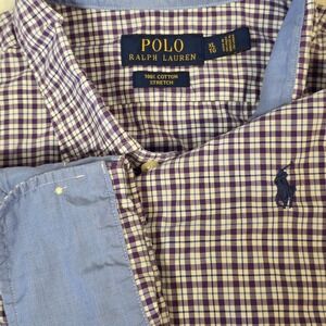Polo‎ Ralph Lauren STRETCH Button Down Shirt 100% Cotton Purple White Check...
